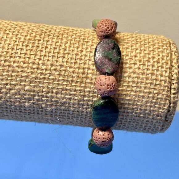 Fancy Jasper And Java Rock Beaded Bracelet Green And Pink 7" Mykonos Fish Hook - Picture 4 of 5